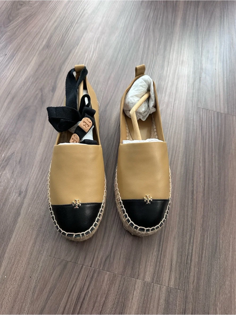 Tory Burch Tan and Black Leather Espadrille Slip-Ons